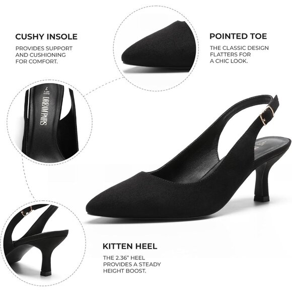 Dream Pairs Women Black-suede Faux Suede Pointed Toe Slingback Low Kitten Heels - Picture 5 of 7